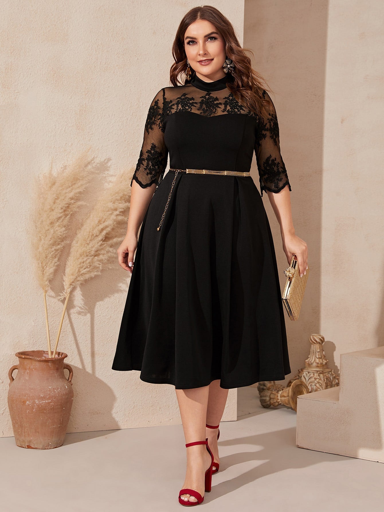 Embroidery Mesh Shoulder Fit and Flare Dress Without Belt