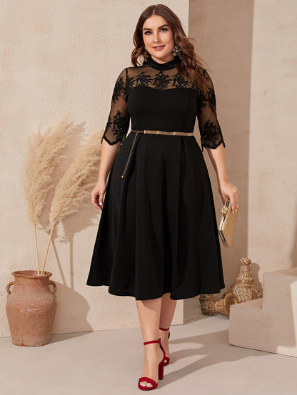 Embroidery Mesh Shoulder Fit and Flare Dress Without Belt