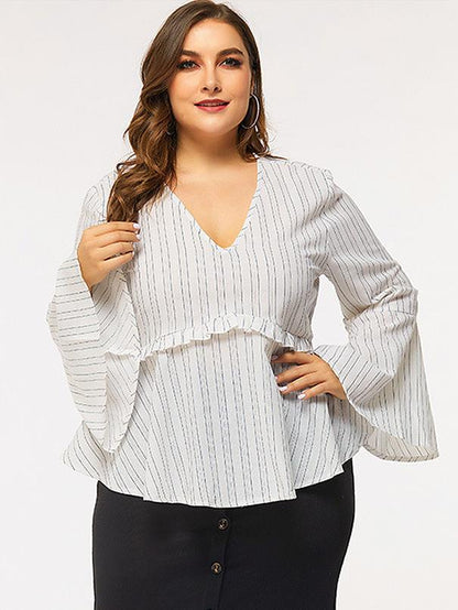 Plus Striped Flared Sleeve V-neck Blouse