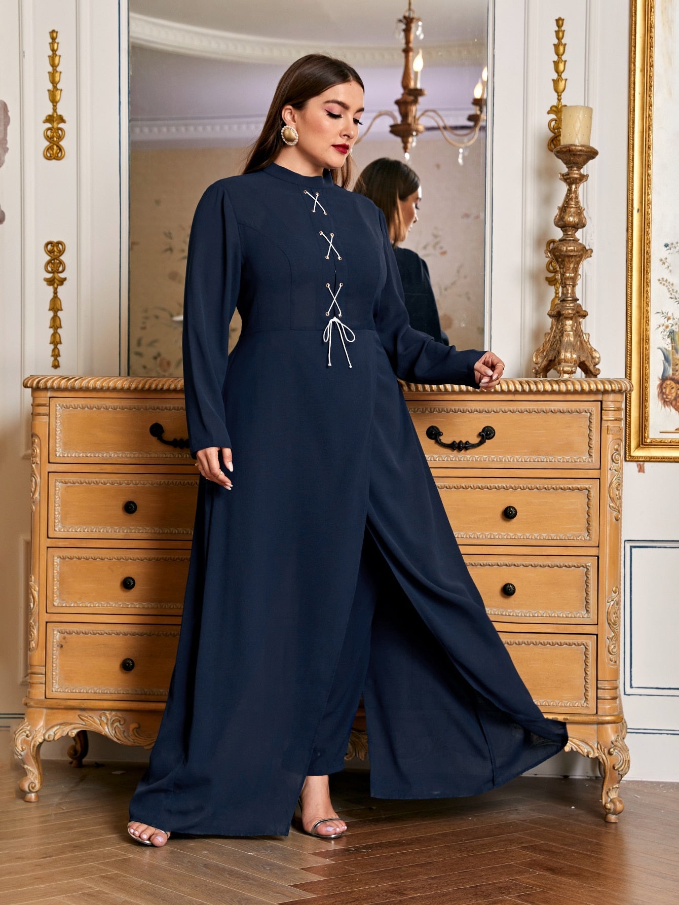 Mock Neck Lace Up Front Jumpsuit With Split Skirt