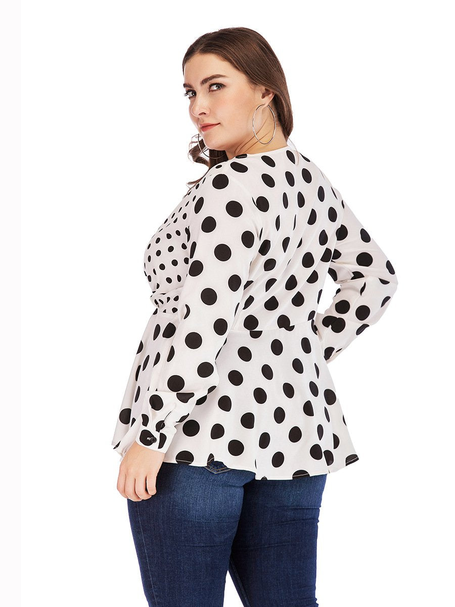 Polka Dot Wrap V-neck Blouse