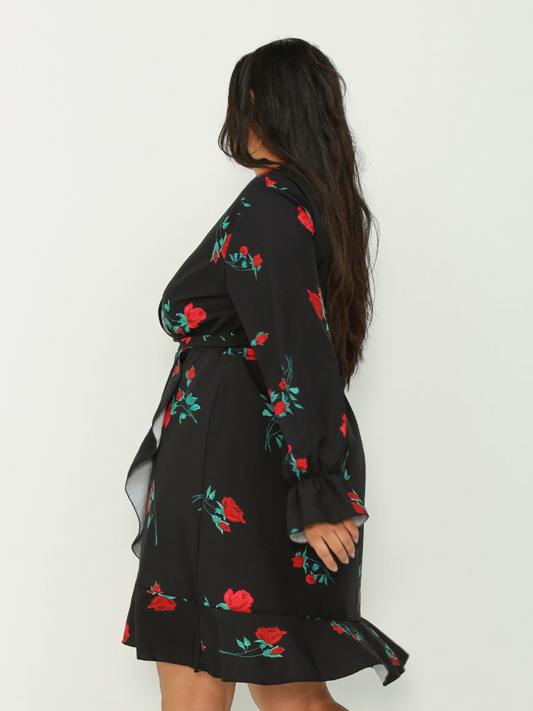 Irregular Hem Ruffled Floral Dress