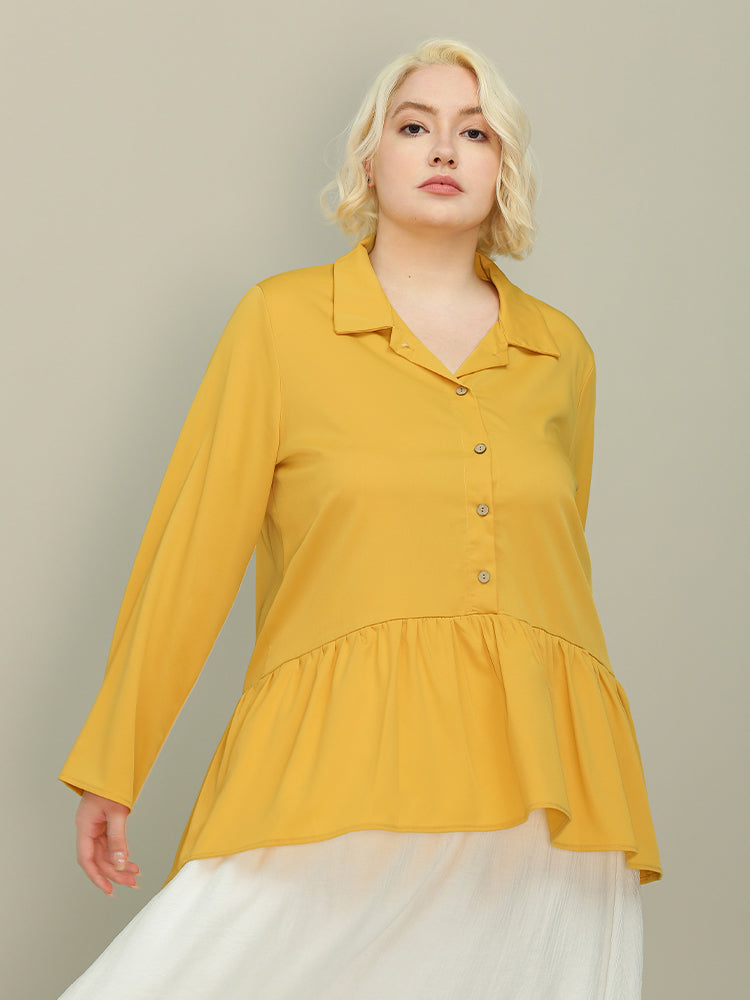 Frill Hem Lapel Collar Blouse