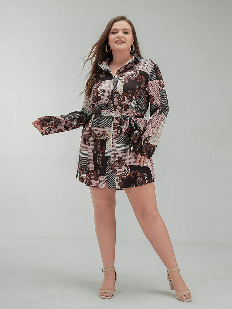 Baroque Printing Lapel Collar Dress