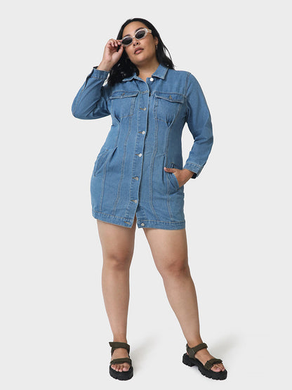 Pocket Lapel Collar Denim Dress