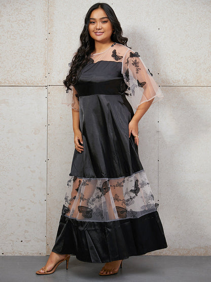 Butterfly Embroidery Contrast Mesh Dress