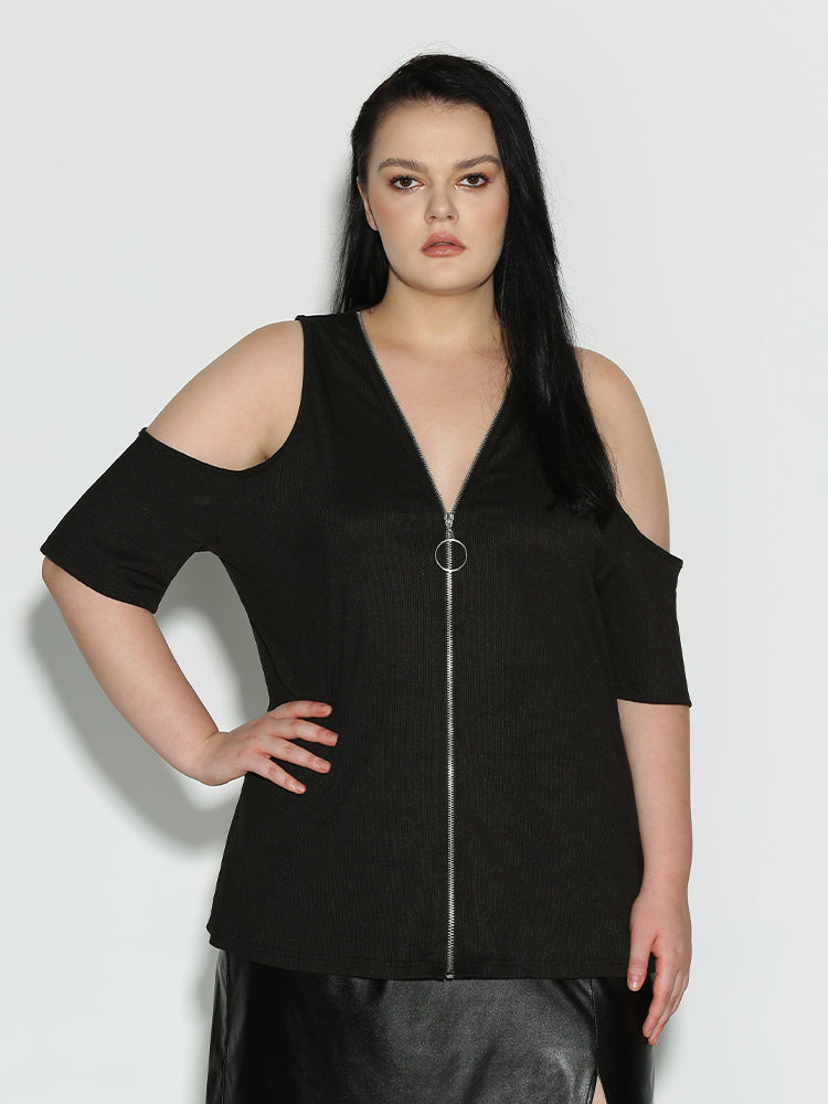Cold Shoulder Zip V-Neck Top