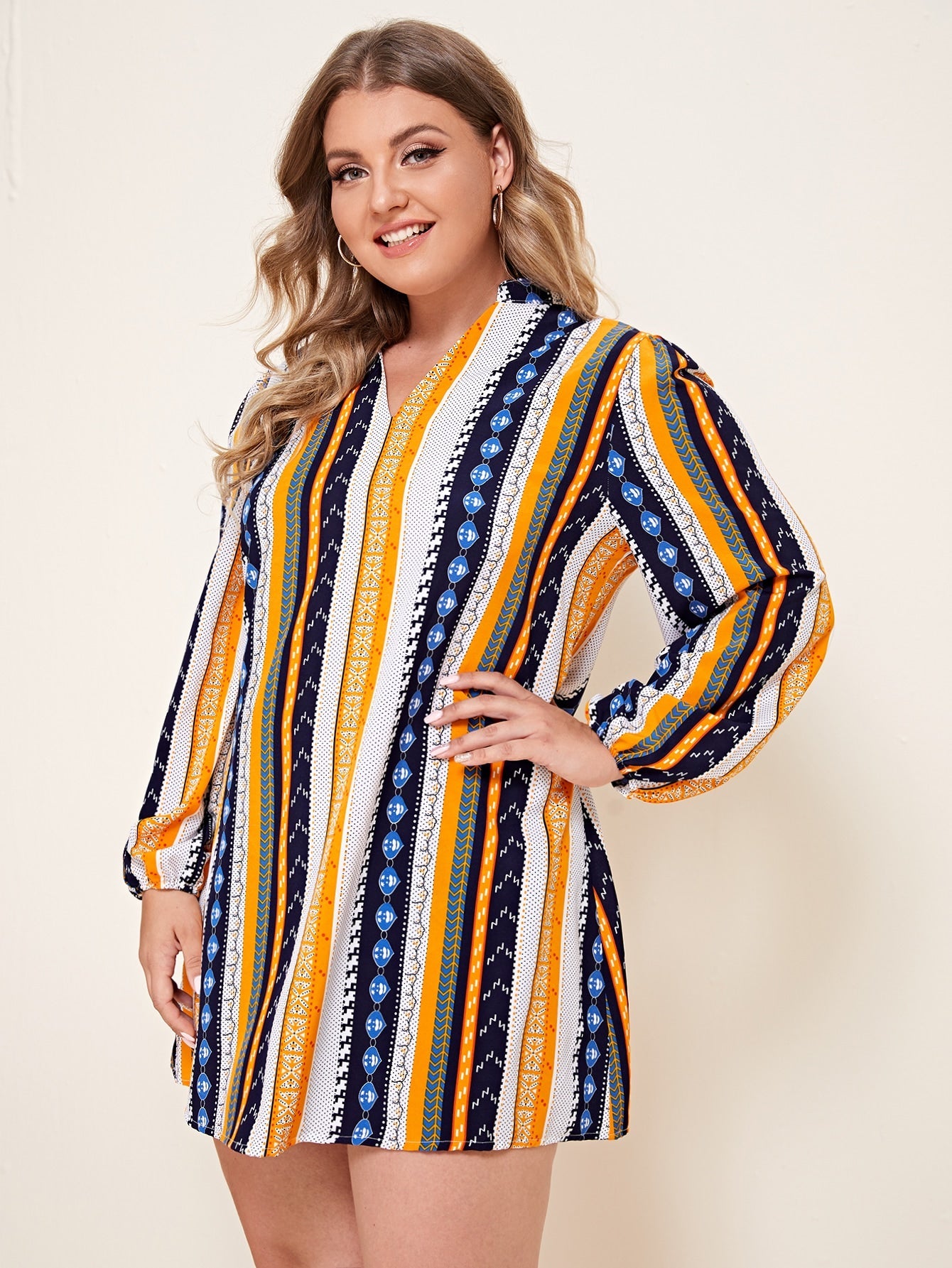 Notched Neck Colorful Stripe Tunic Dress