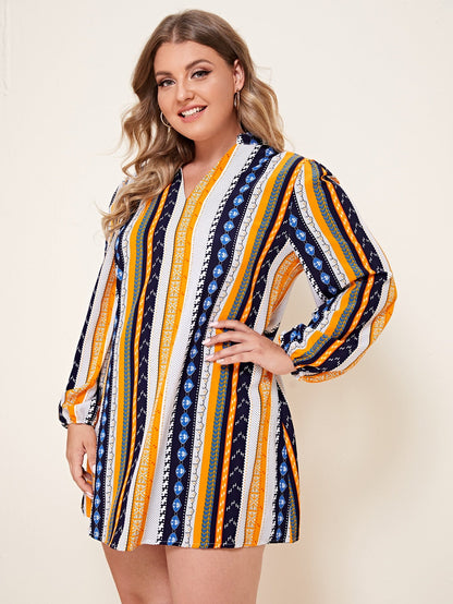 Notched Neck Colorful Stripe Tunic Dress