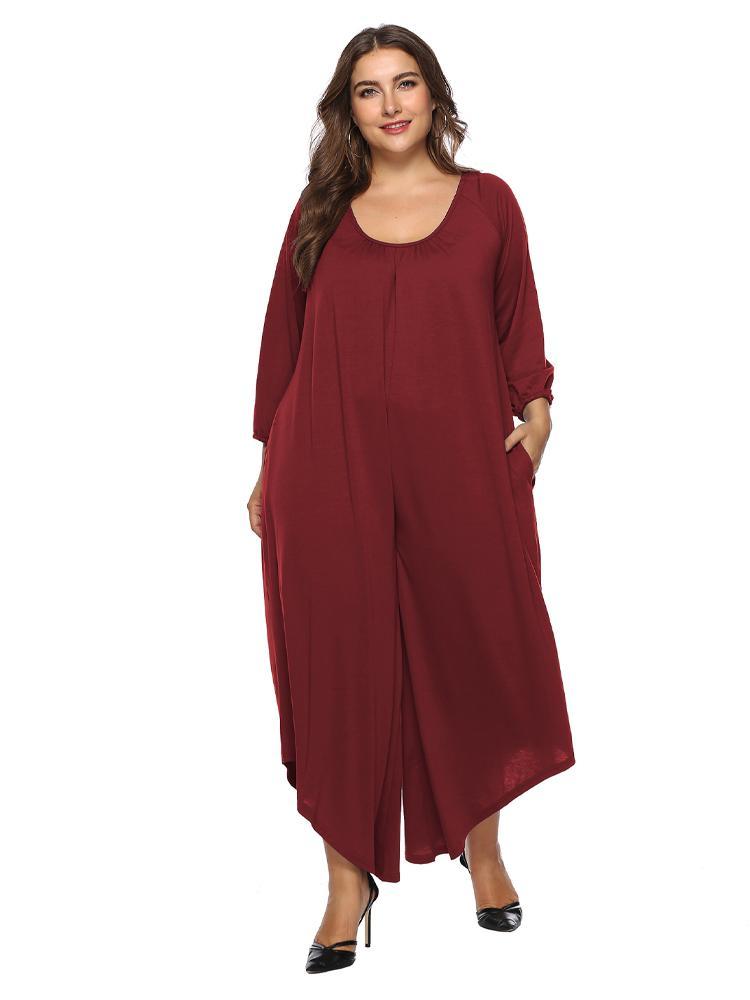 Solid Color Round Neck Loose Jumpsuit