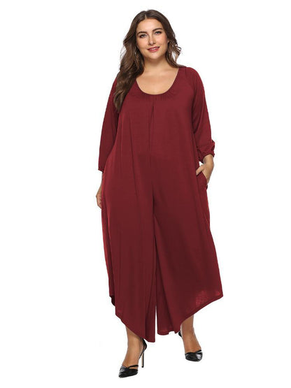 Solid Color Round Neck Loose Jumpsuit