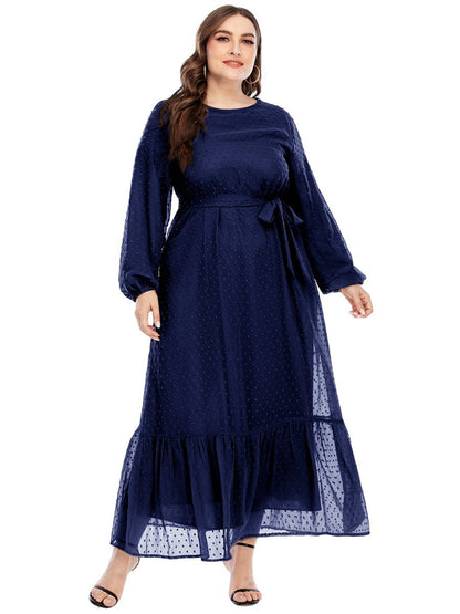 Dot Mesh Belt Round Neck Maxi Dress