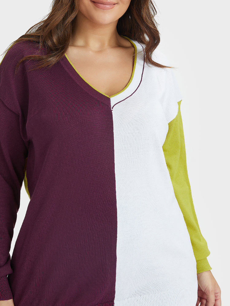 Color Block Loose V-neck Sweater