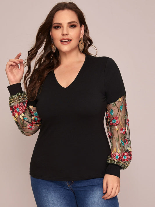 Floral Embroidered Mesh Sleeve Top