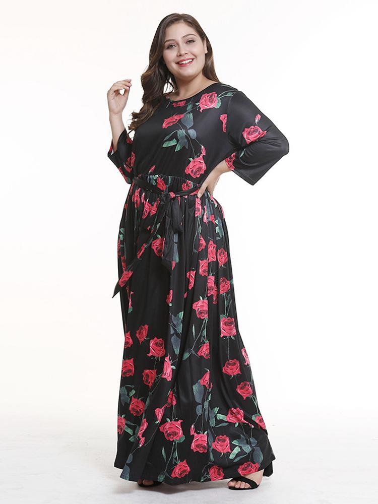 Floral Printed Belt Maxi Dress