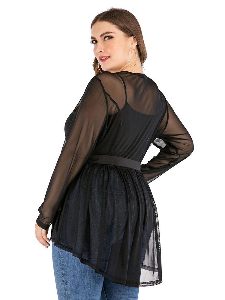 Ruffle Hem Zipper Up Belt Sheer Jacket