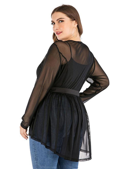 Ruffle Hem Zipper Up Belt Sheer Jacket