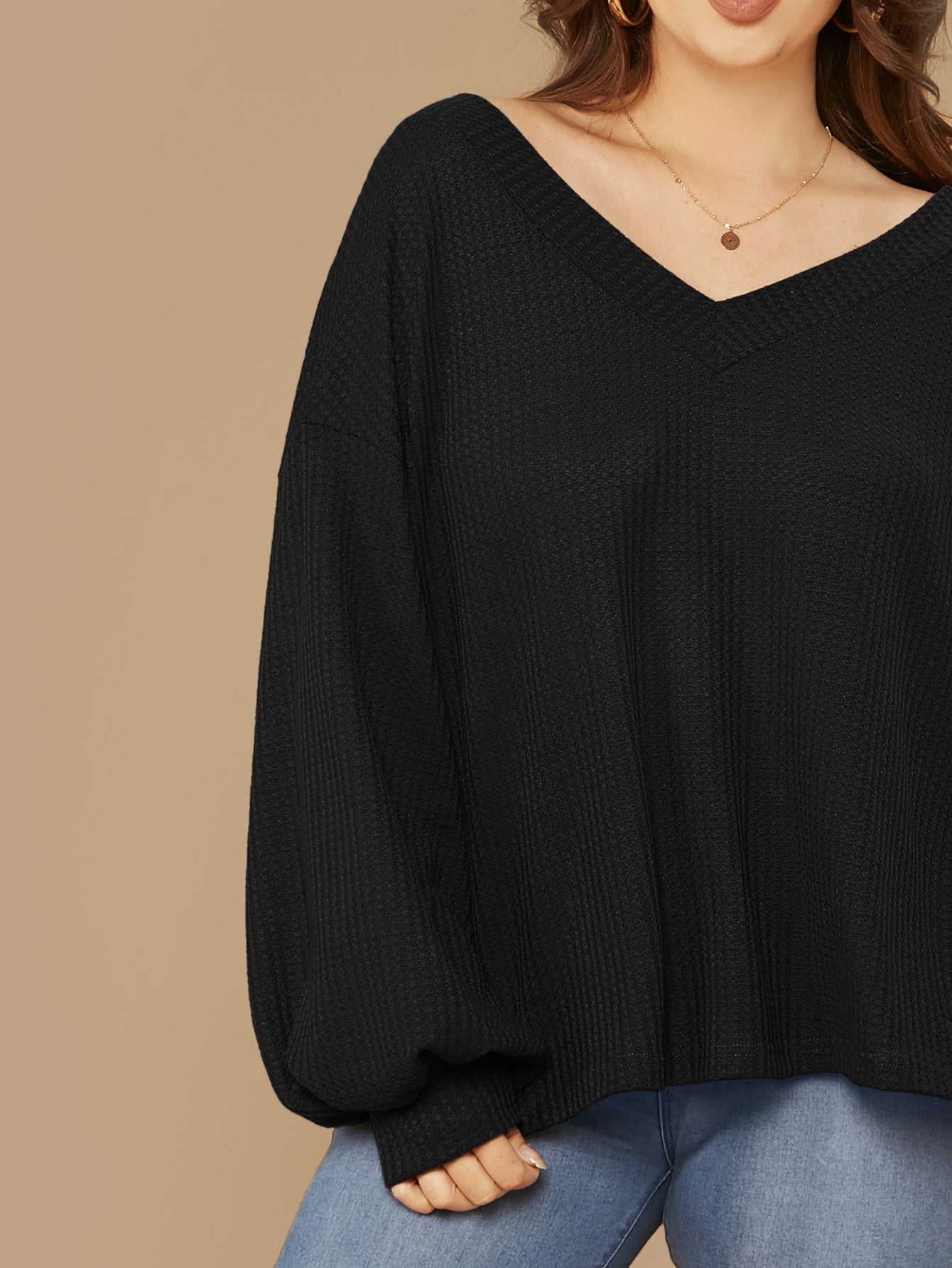 Drop Shoulder Lantern Sleeve Waffle Knit Top