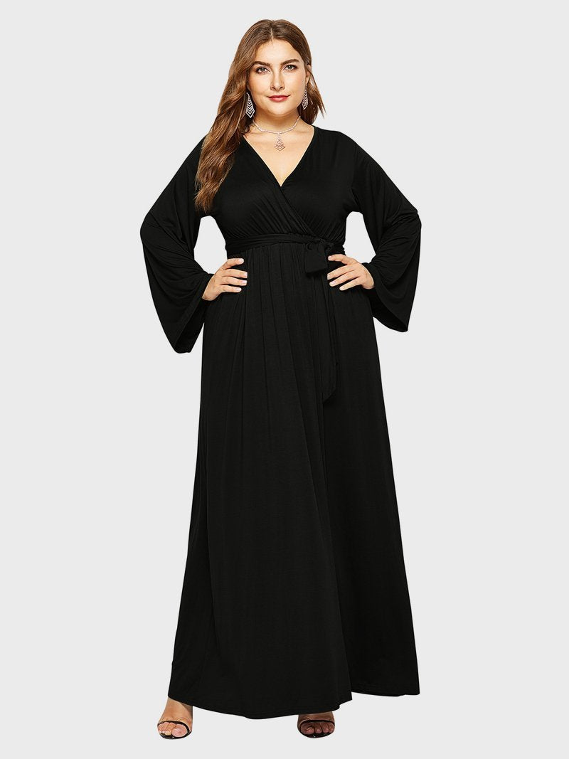 Belt V-neck Solid Color Maxi Dress