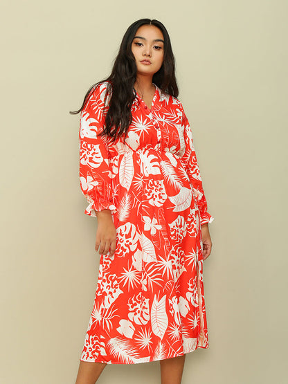 Leaf Slit V-neck Dress