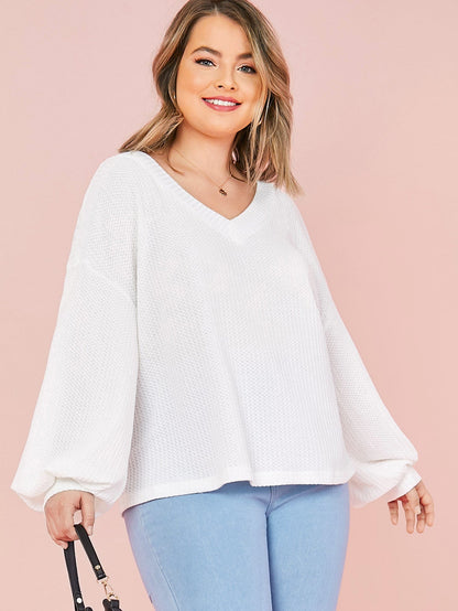Drop Shoulder Lantern Sleeve Waffle Knit Top