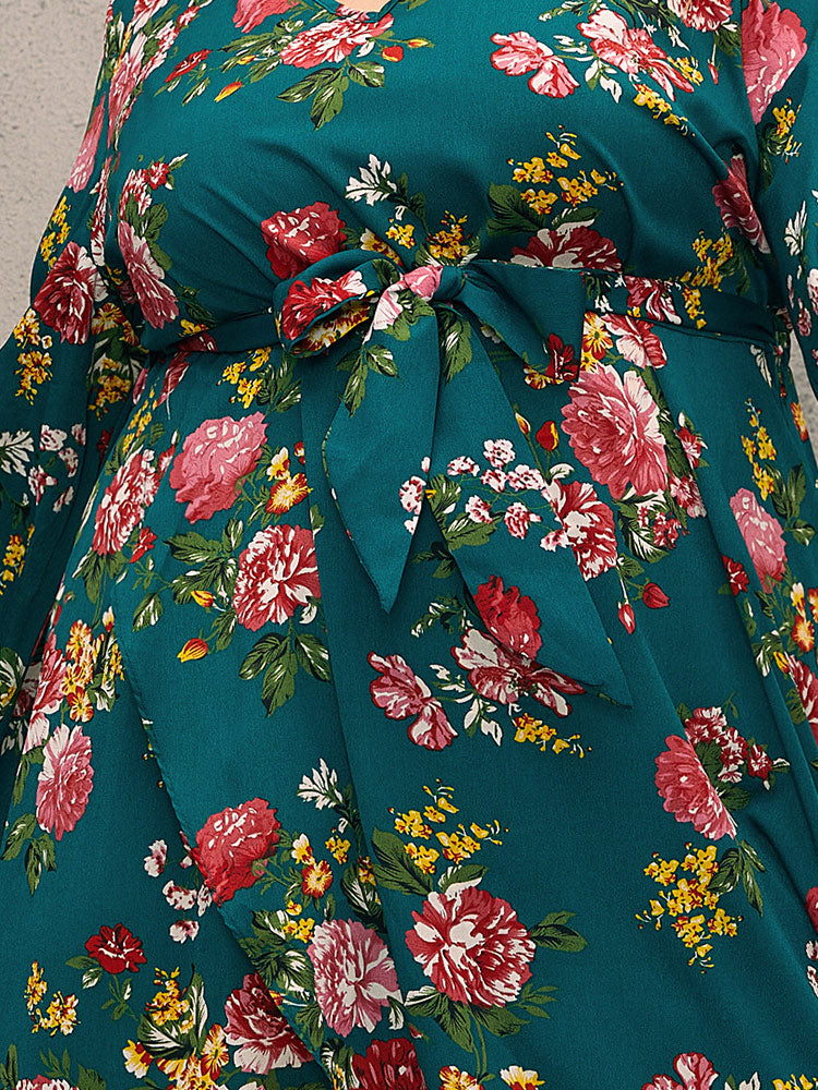 Bell Sleeve Floral V-Neck Irregular Hem Dress