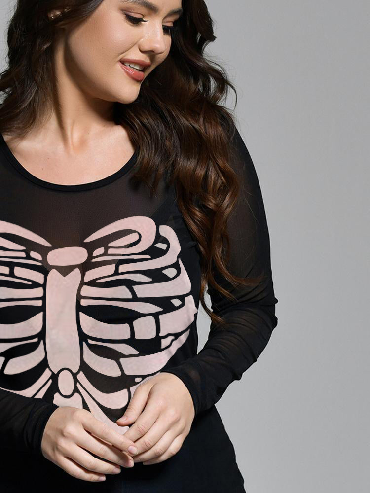 Halloween Skull Print Mesh T-shirt