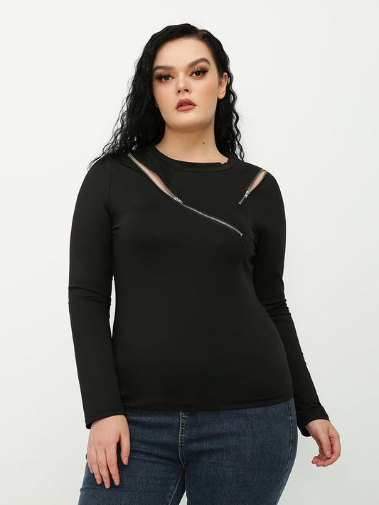 Diagonal Zipper Crew Neck T-shirt