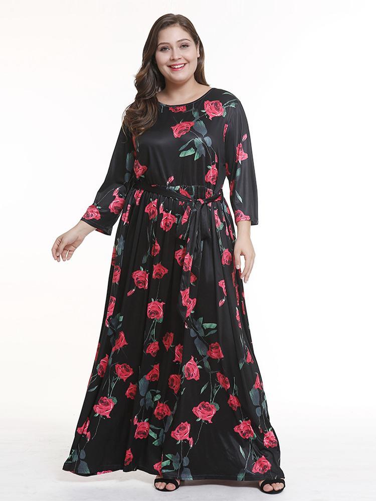Floral Printed Belt Maxi Dress