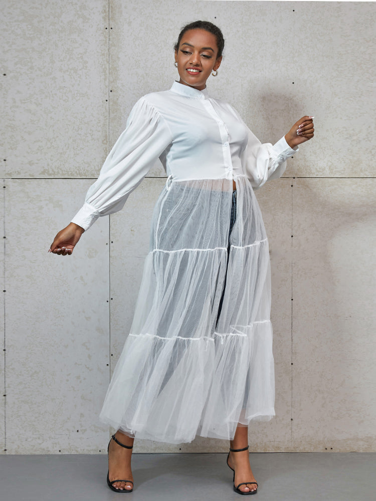 Contrast Mesh Sheer Ruffle Shirt Dress