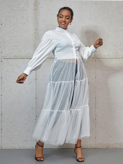 Contrast Mesh Sheer Ruffle Shirt Dress