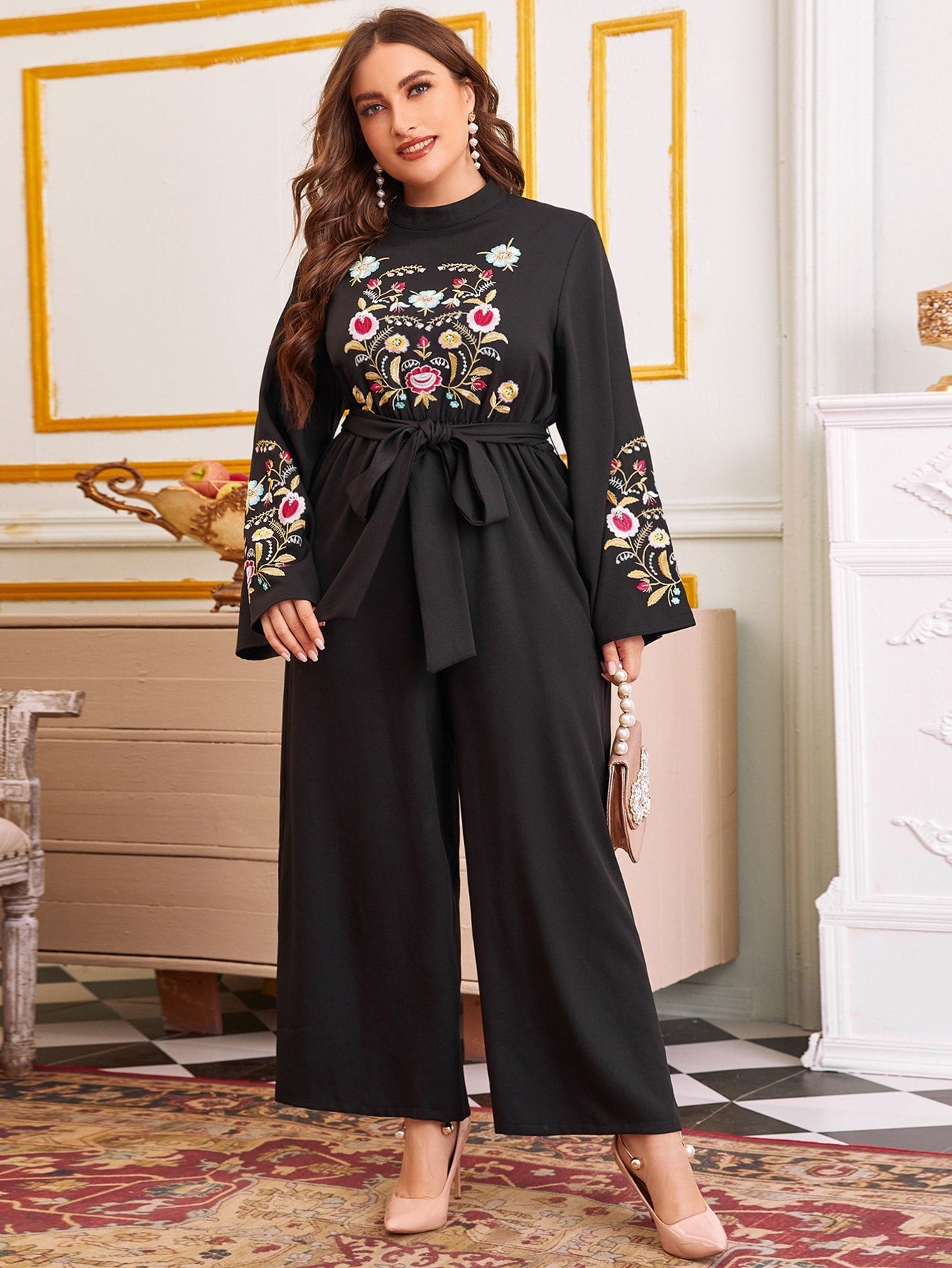 Bell Sleeve Floral Embroidered Belted Jumpsuit