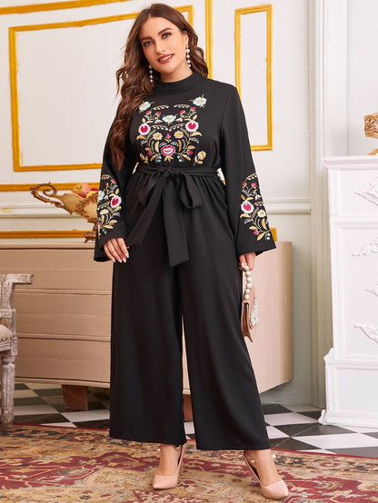 Bell Sleeve Floral Embroidered Belted Jumpsuit