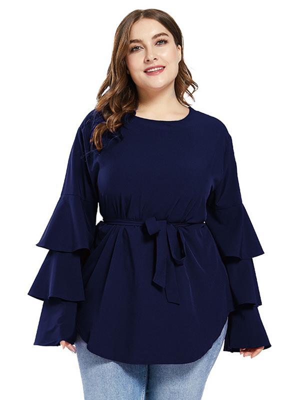 Ruffle Sleeve Belt Solid Blouse