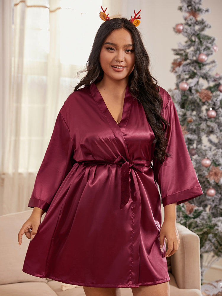 Surplice Neck Belted Wrap Robe Dress