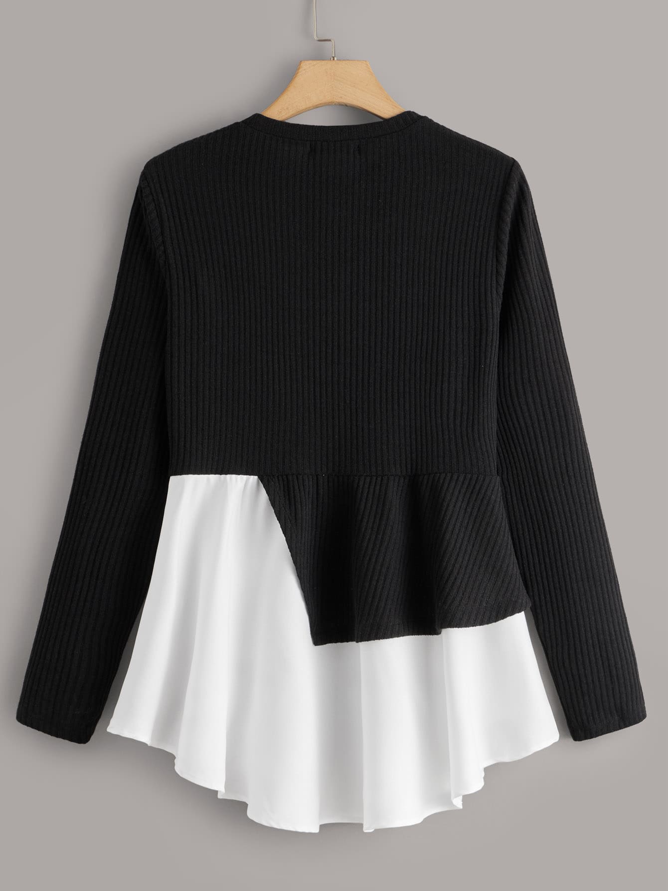 Two Tone Asymmetrical Hem Rib-knit Top