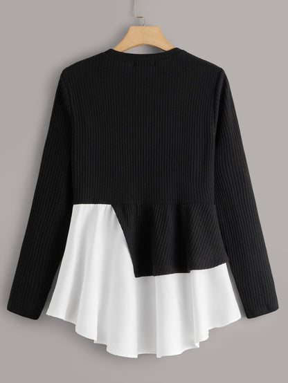 Two Tone Asymmetrical Hem Rib-knit Top