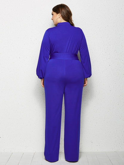 Solid Color Belt Lantern Sleeve Jumpsuits