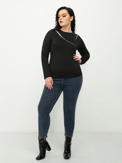 Diagonal Zipper Crew Neck T-shirt