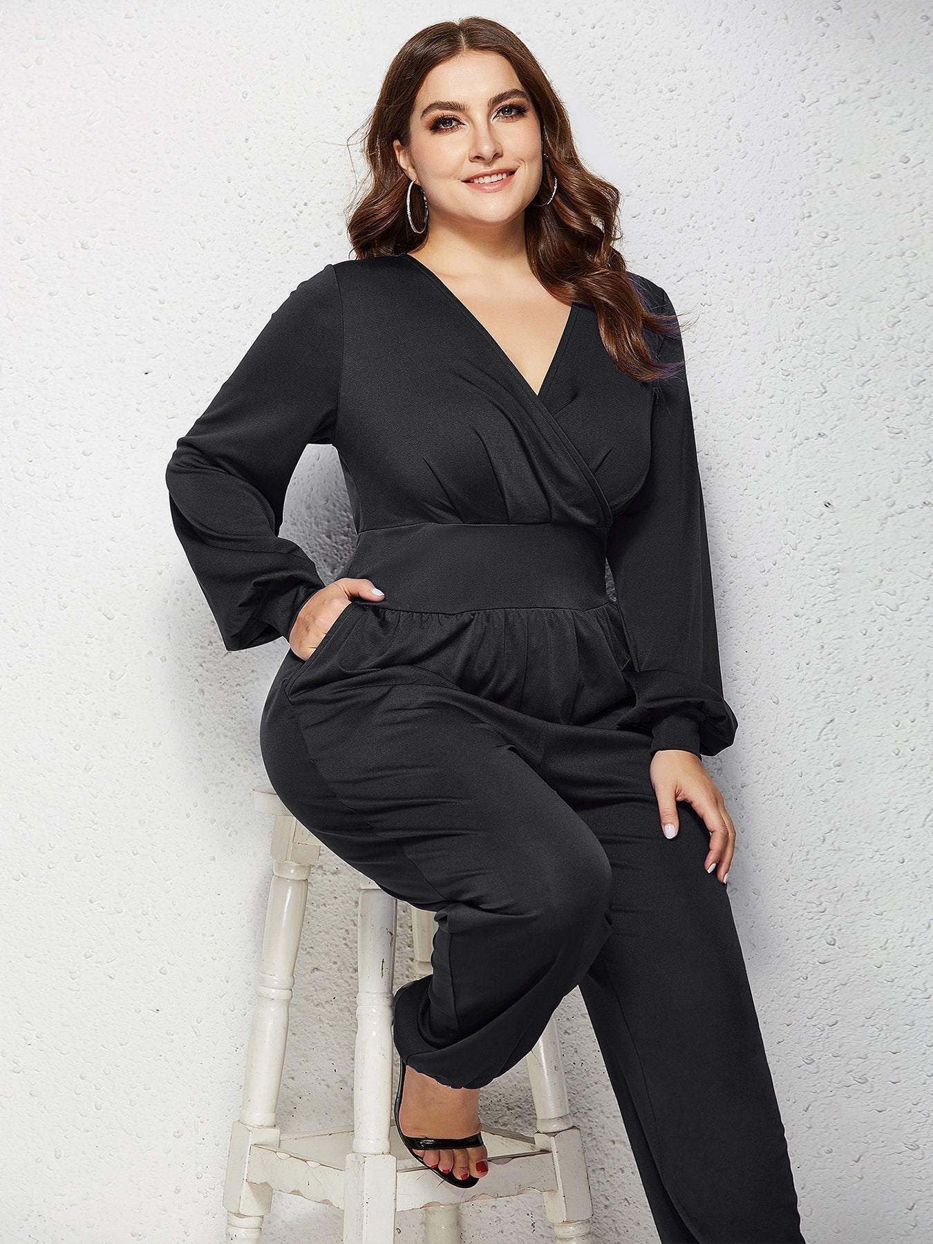 V-neck Wrap Solid Color Jumpsuits