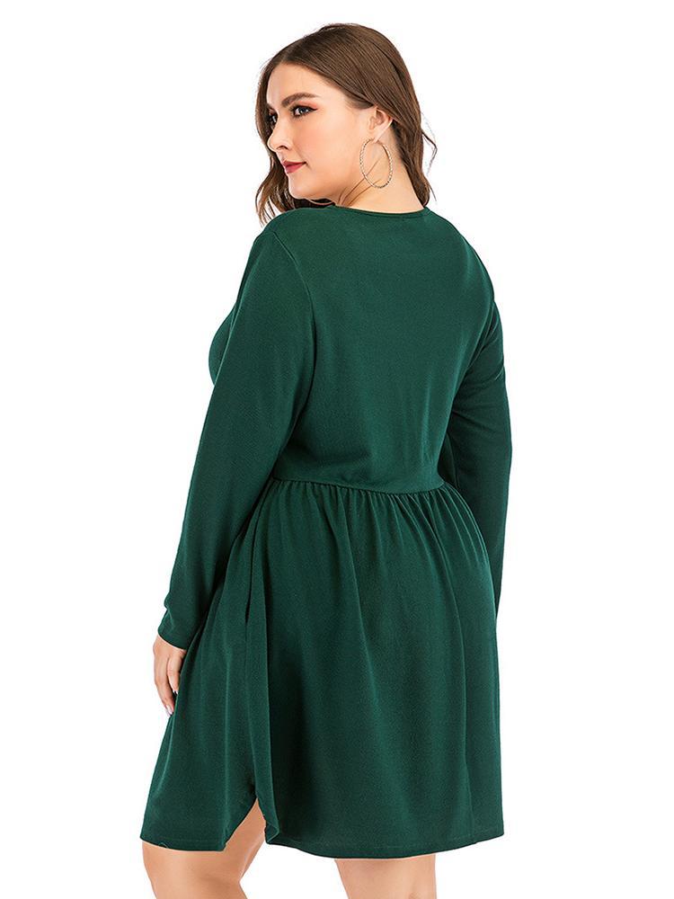 Pleated Round Neck Solid Color Dress