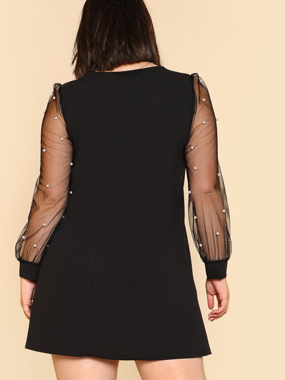 Pearl Beading Mesh Sleeve Dress