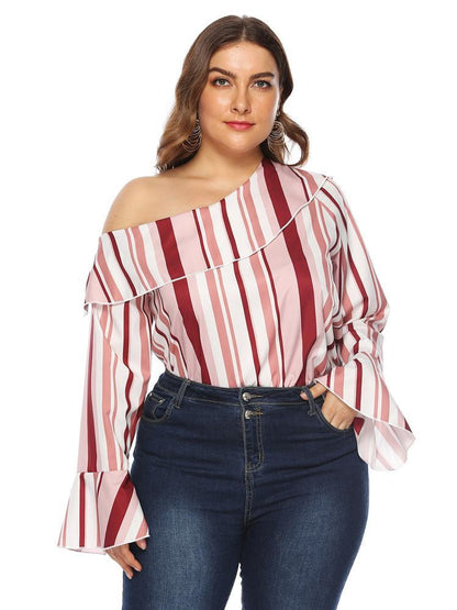 Stripe Off-shoulder Flared Sleeve Top
