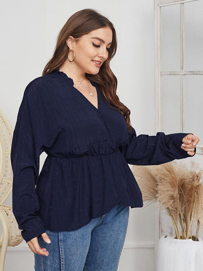 Grid Wrap V-neck Stand Collar Blouse