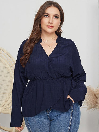 Grid Wrap V-neck Stand Collar Blouse