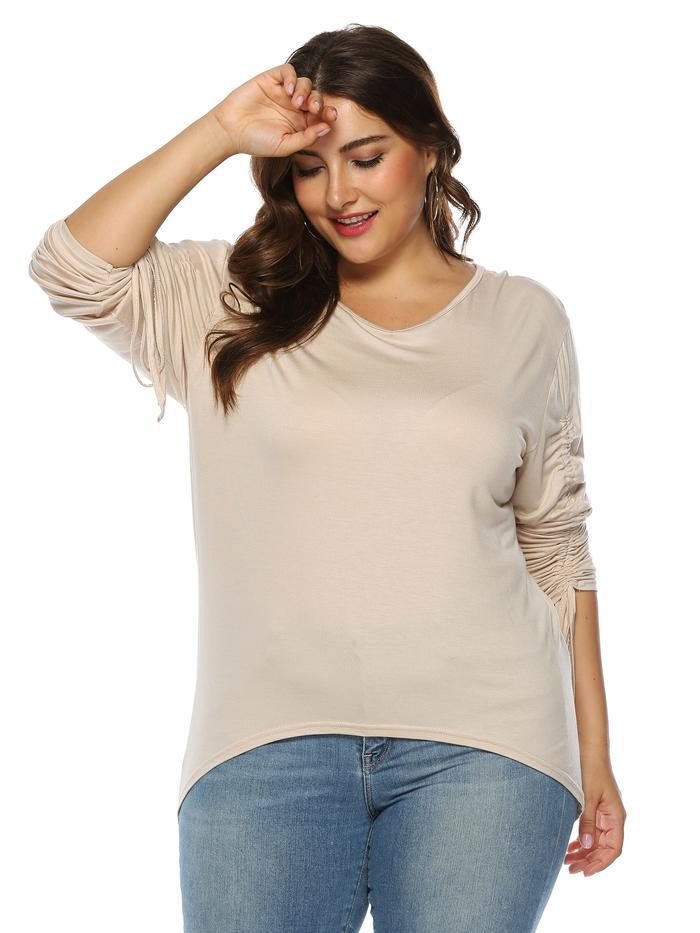 Shirring Sleeve Solid Color T-shirt