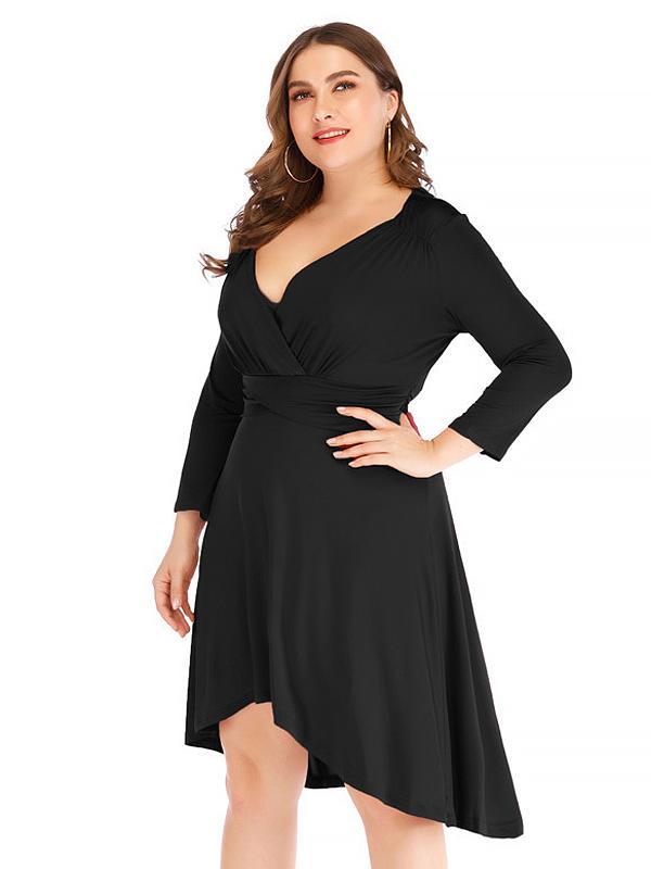 V-neck Creasing Solid Dress