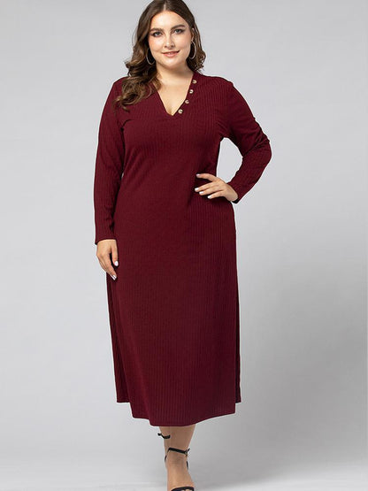 Button V-neck Basic Maxi Dress