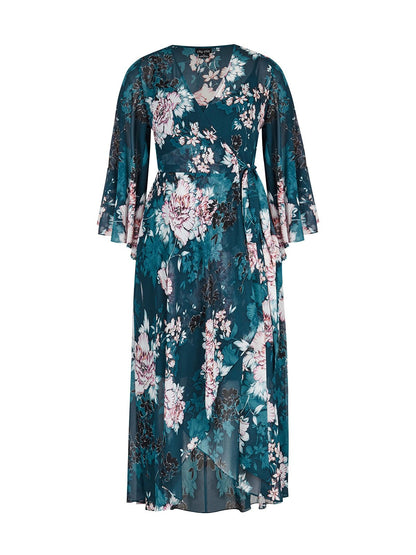 Floral Printed Flared Sleeve Wrap Maxi Dress