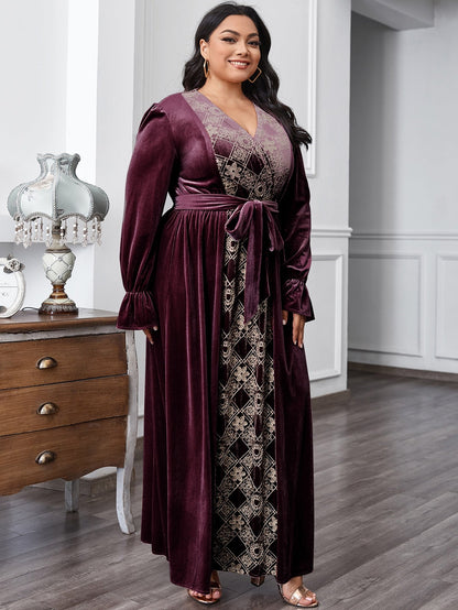 Floral & Argyle Embroidered Belt Velvet A-line Dress